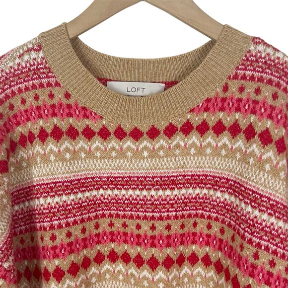 LOFT Striped Fair Isle Everyday Sweater Cotton Blend Red and Tan Size Large - Picture 5 of 7